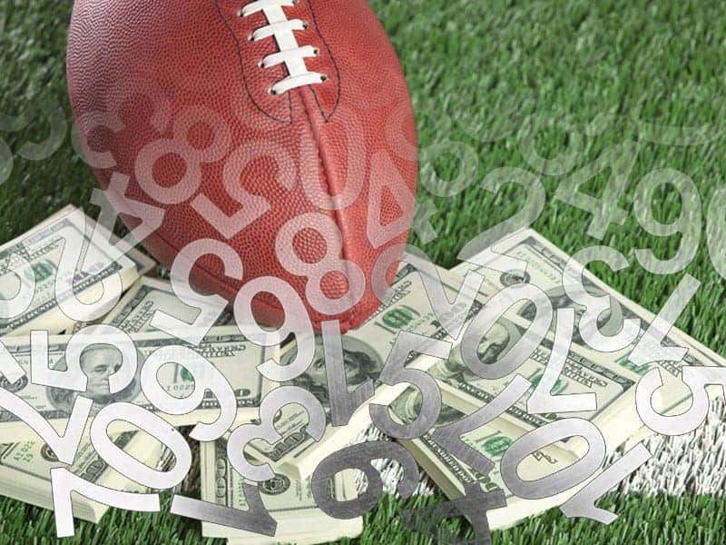 Random numbers over football and money background