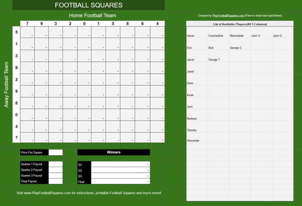 Google Sheets template for Football Squares