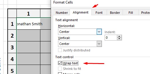 Screenshot showing wrap text in excel
