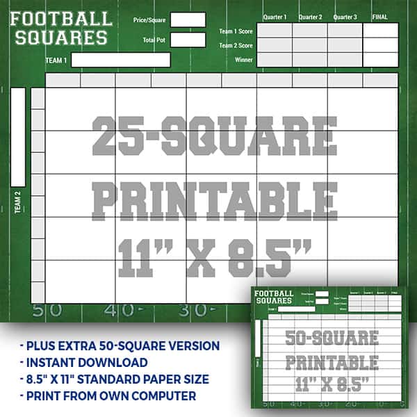 25Square and 50Square Printable 8.5 X 11" Football Squares (Download