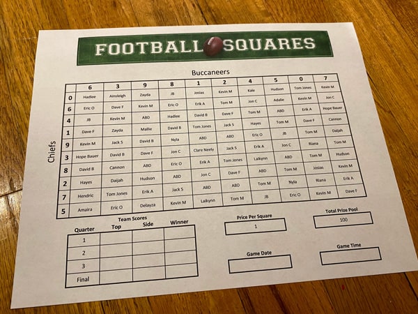 printed football squares, excel version
