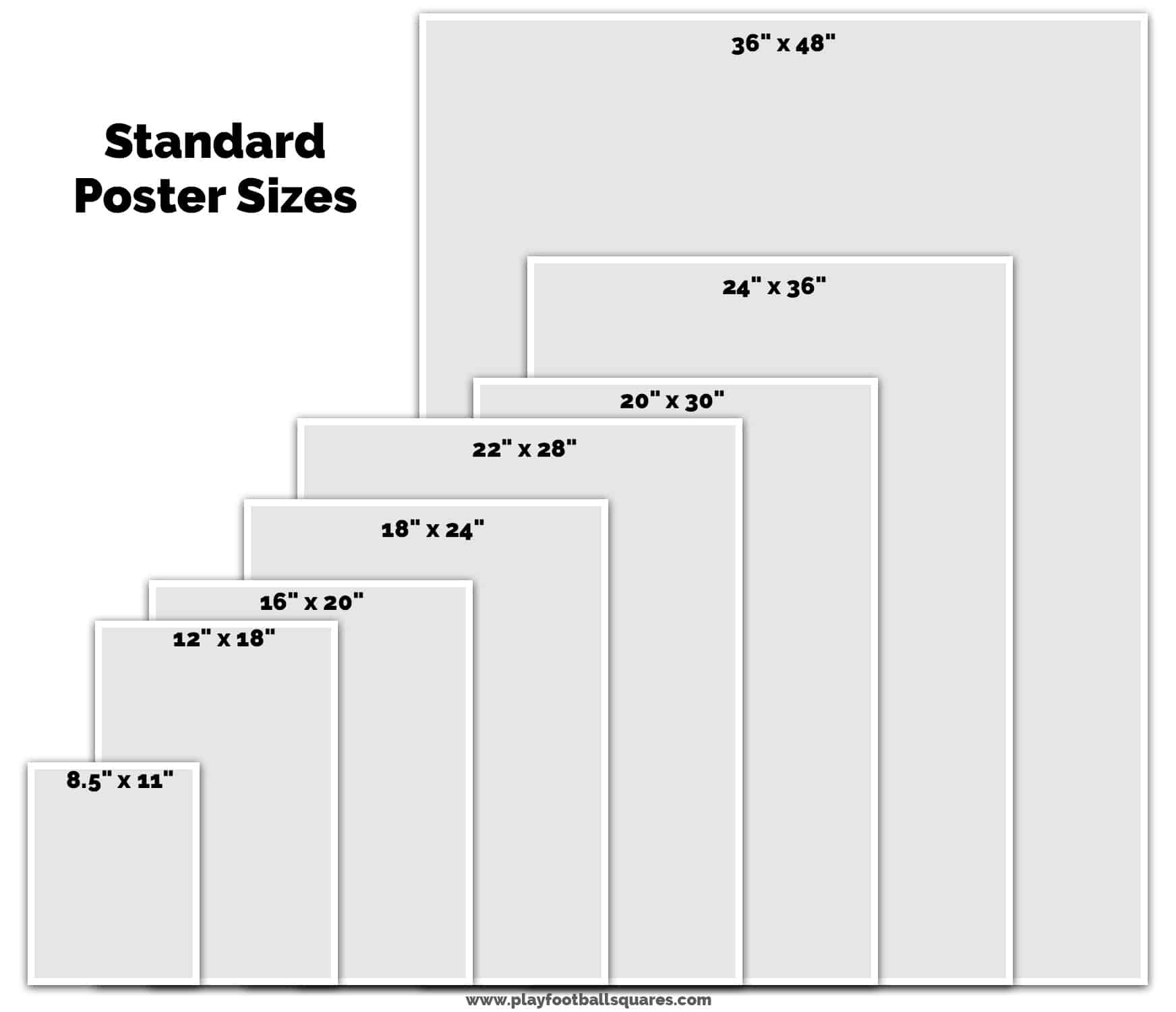 standard poster sizes compared from 8.5 x 11 to 36 x 48