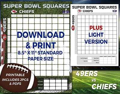 Super Bowl 58 football squares full color and black and white versions.
